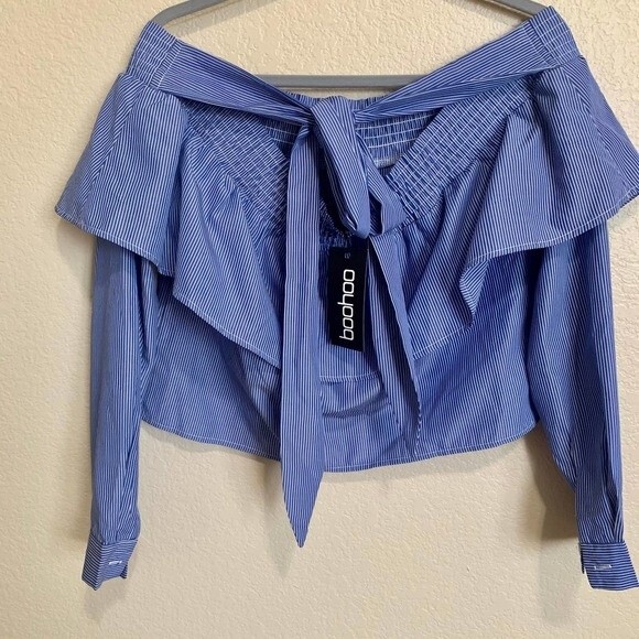 Boohoo top Blue striped Bardot crop top cuffed sleeve size 8 - Picture 9 of 11